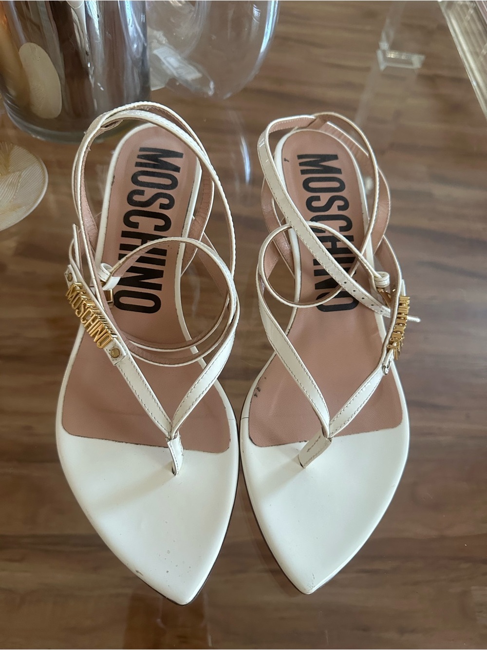 Moschino White Strappy Pointed-Toe Sandals with Gold Logo
